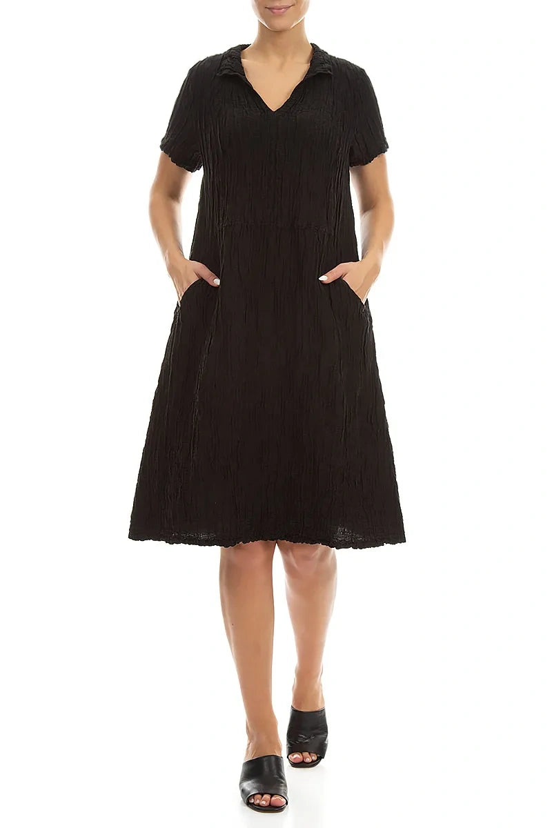 Collar Neck Crinkled Black Silk Linen Dress 4