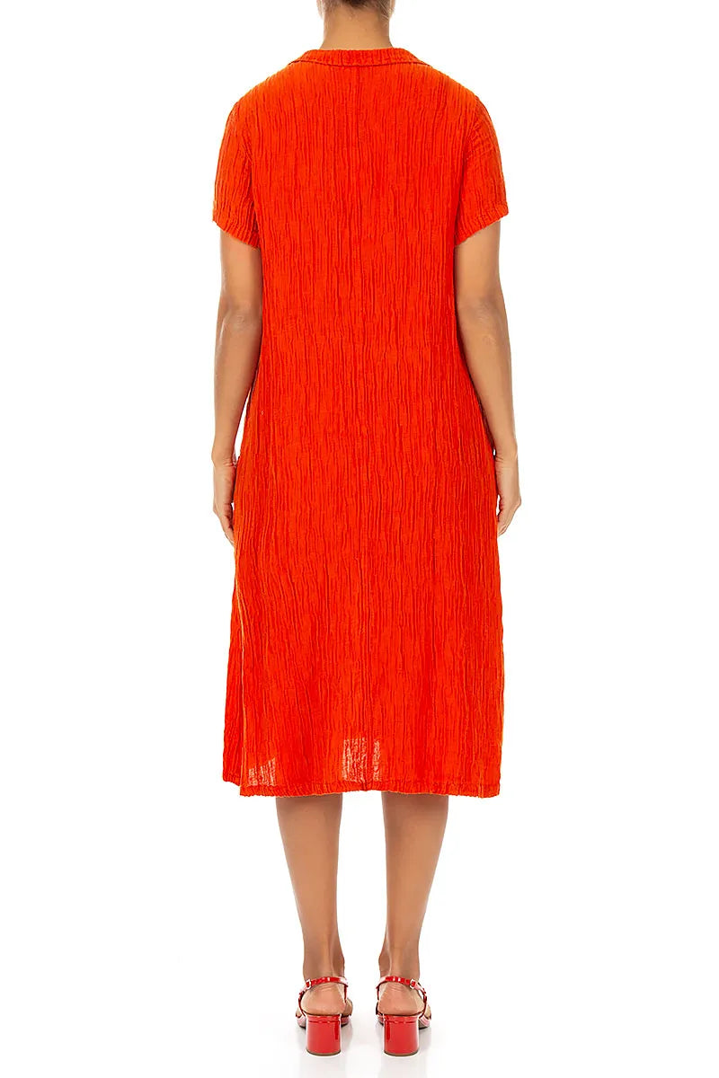 Collar Neck Crinkled Flame Orange Silk Dress 2