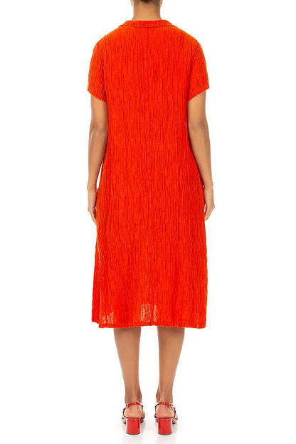 Collar Neck Crinkled Flame Orange Silk Dress 2