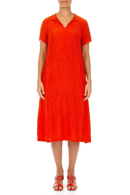 Collar Neck Crinkled Flame Orange Silk Dress 1