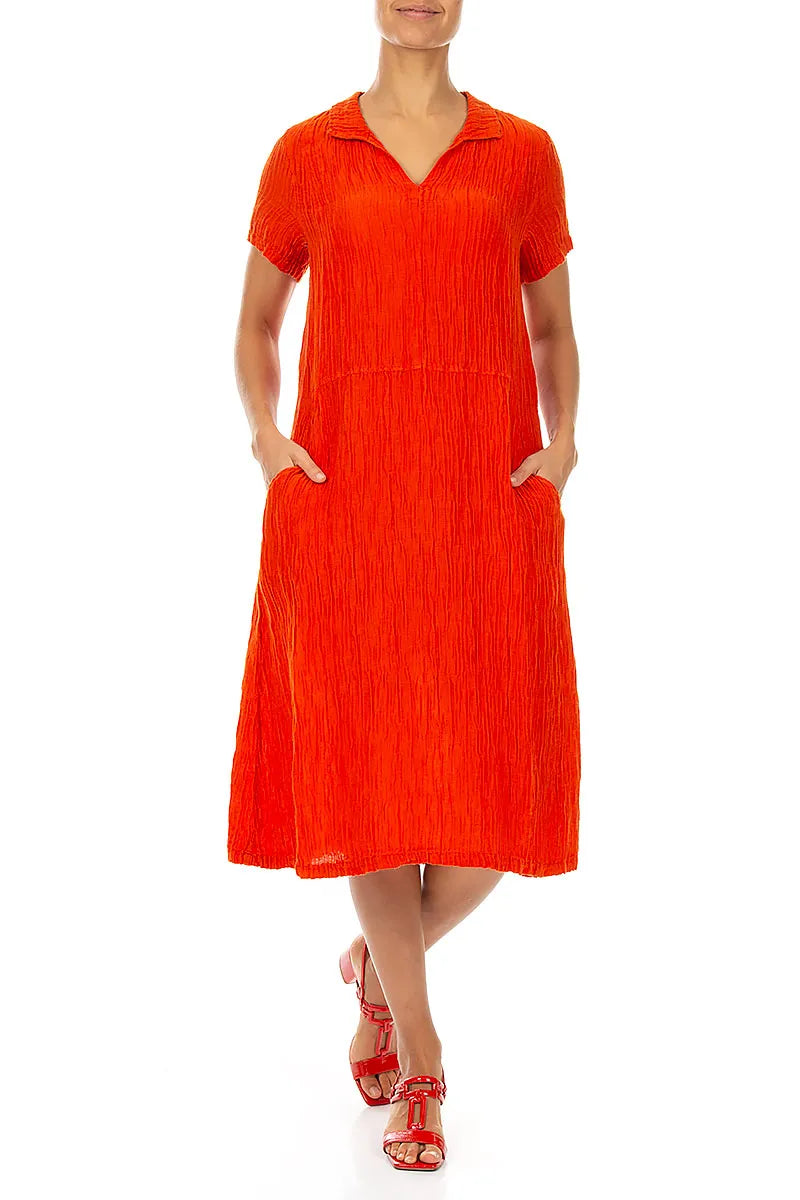 Collar Neck Crinkled Flame Orange Silk Dress 3
