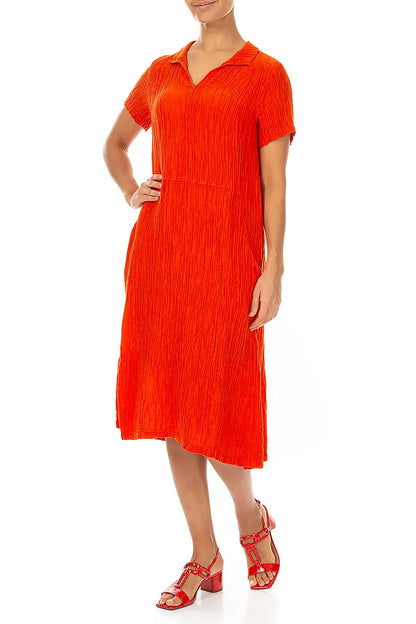 Collar Neck Crinkled Flame Orange Silk Dress 4