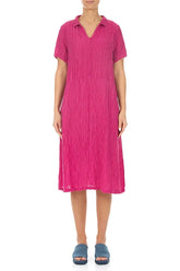 Collar Neck Crinkled Fuchsia Silk Dress 1