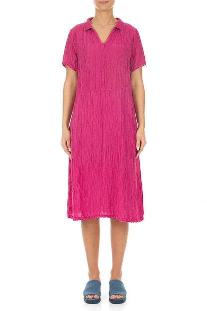 Collar Neck Crinkled Fuchsia Silk Dress 1