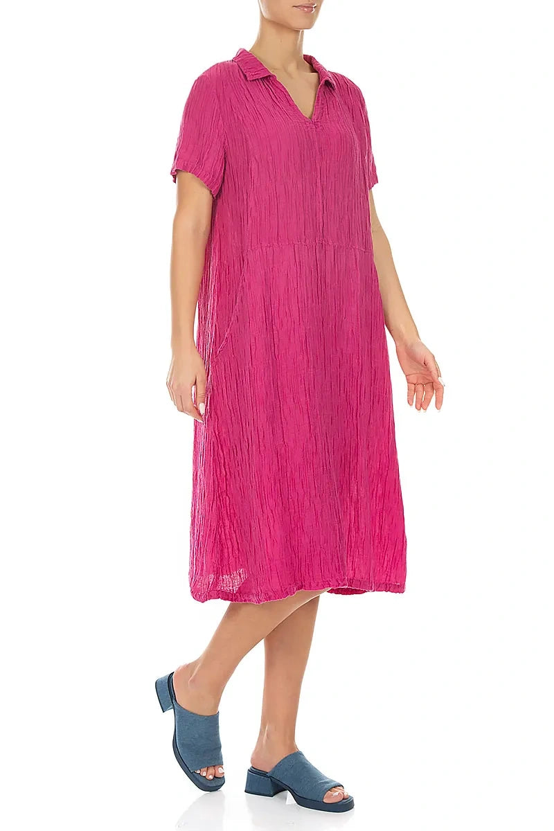 Collar Neck Crinkled Fuchsia Silk Dress 3