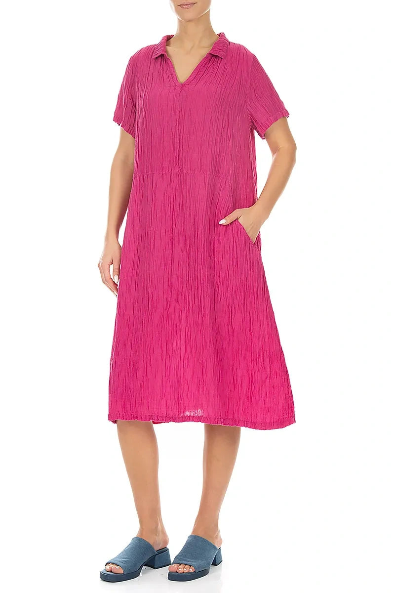 Collar Neck Crinkled Fuchsia Silk Dress 4