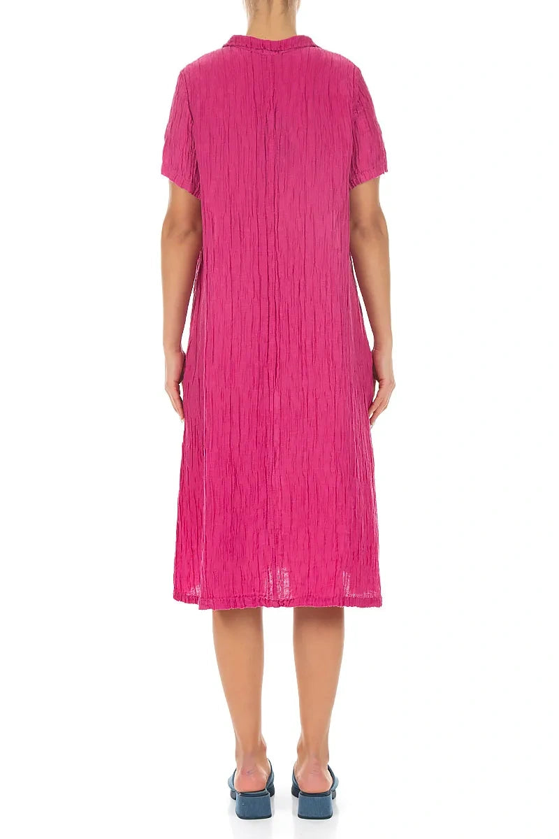 Collar Neck Crinkled Fuchsia Silk Dress 2