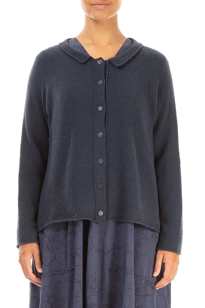 Collar Neck Dark Navy Wool Cardigan 1