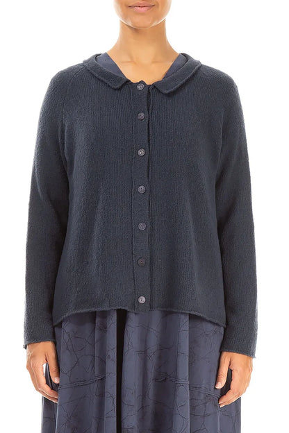 Collar Neck Dark Navy Wool Cardigan 1