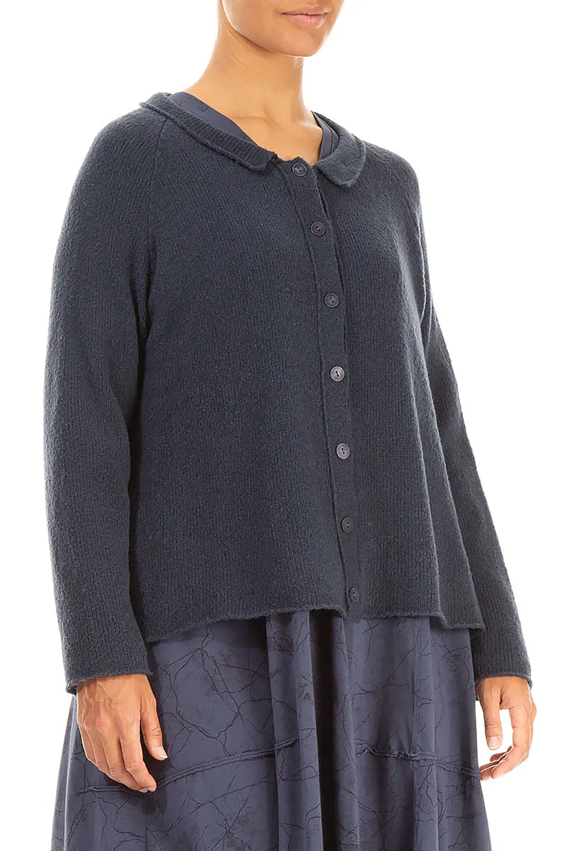 Collar Neck Dark Navy Wool Cardigan 3