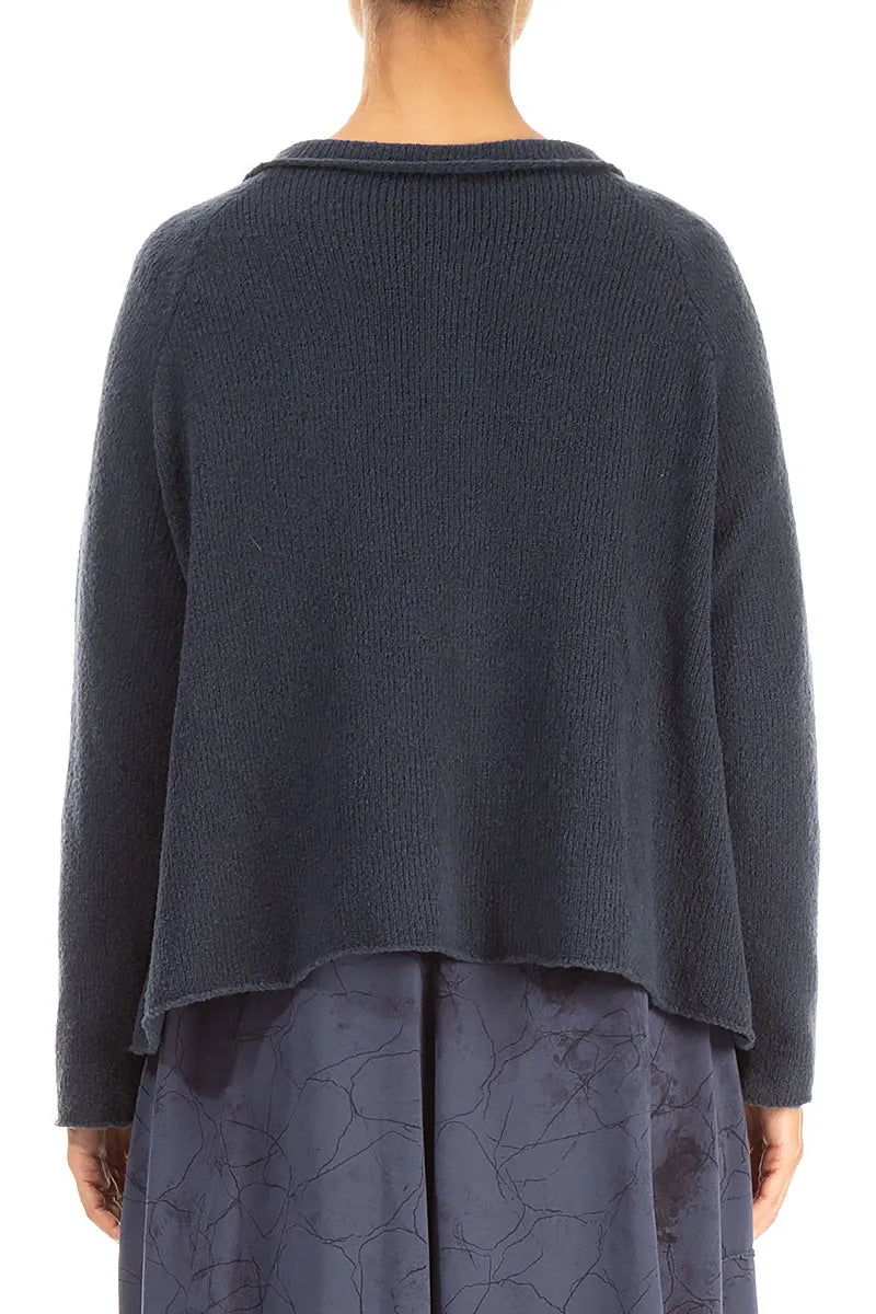 Collar Neck Dark Navy Wool Cardigan 2