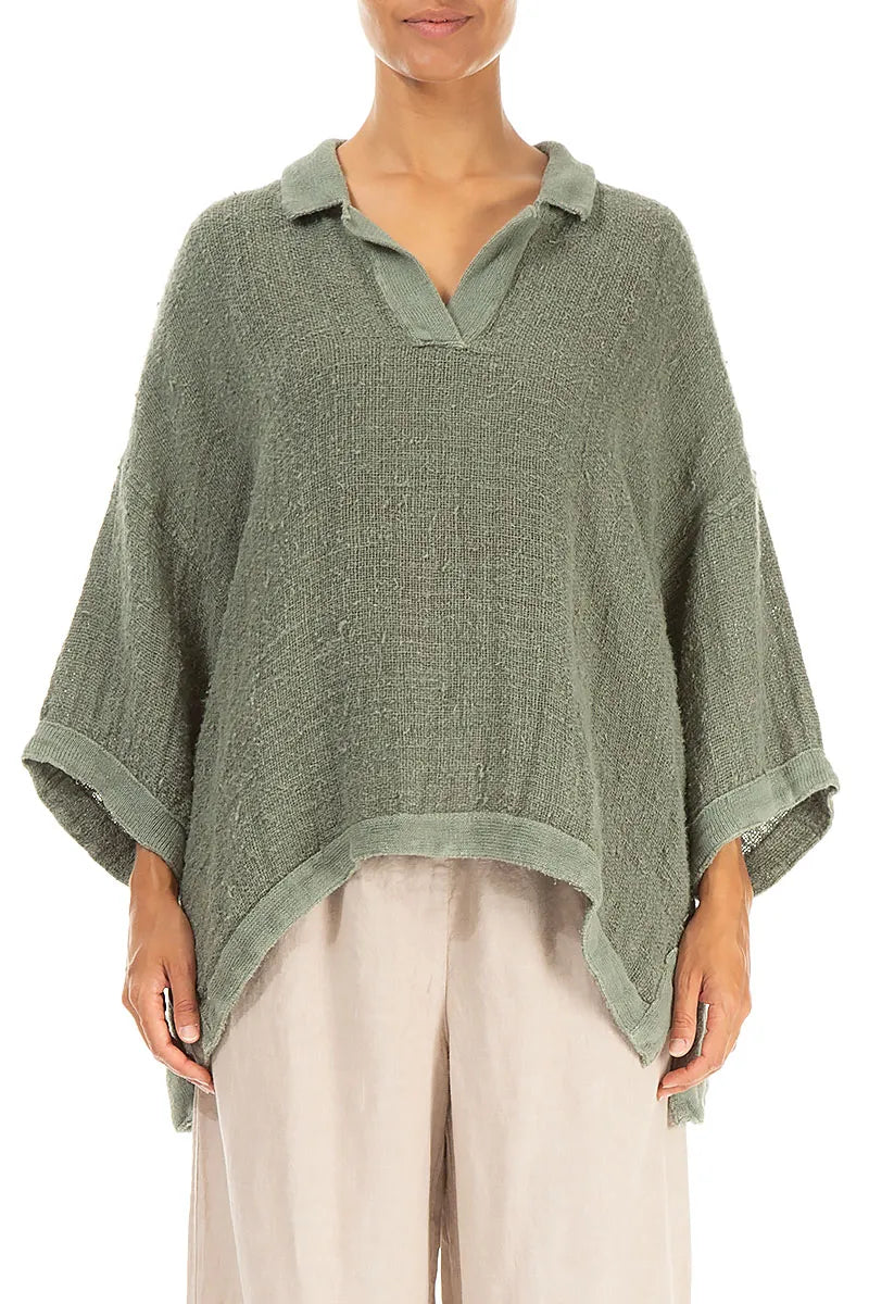 Collar Neck Distressed Sage Handwoven Linen Blouse 1