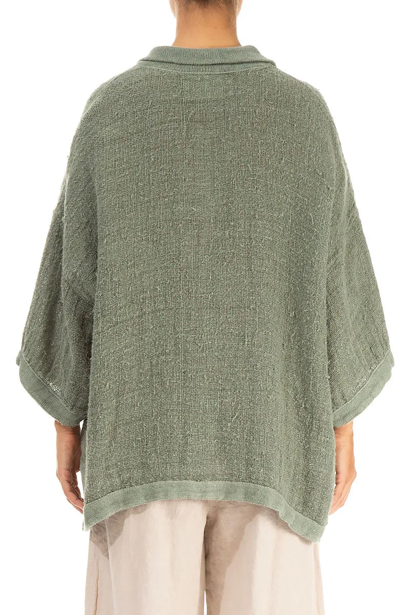 Blouse en lin tissé main sauge vieilli à col montant