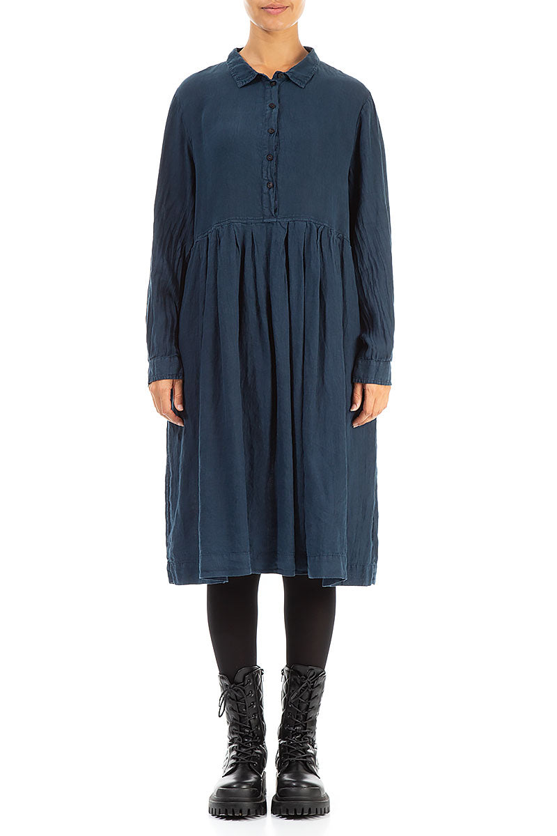 Collar Neck Flared Navy Linen Dress