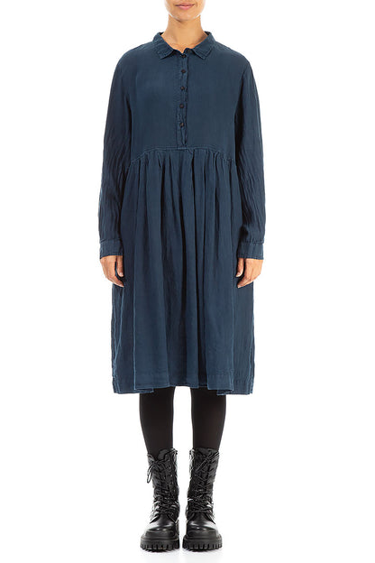 Collar Neck Flared Navy Linen Dress