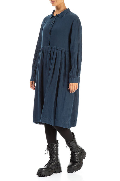 Collar Neck Flared Navy Linen Dress