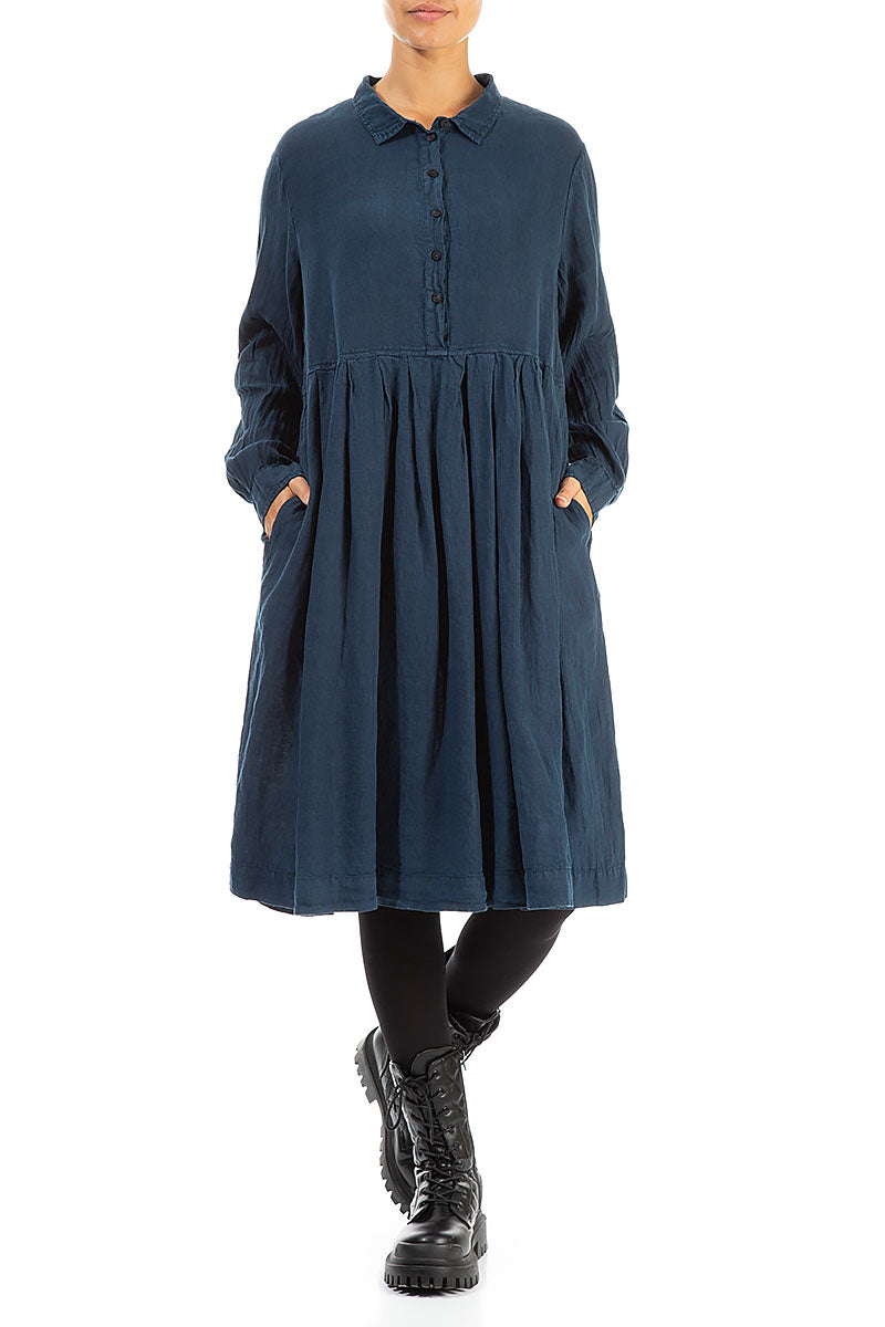 Collar Neck Flared Navy Linen Dress