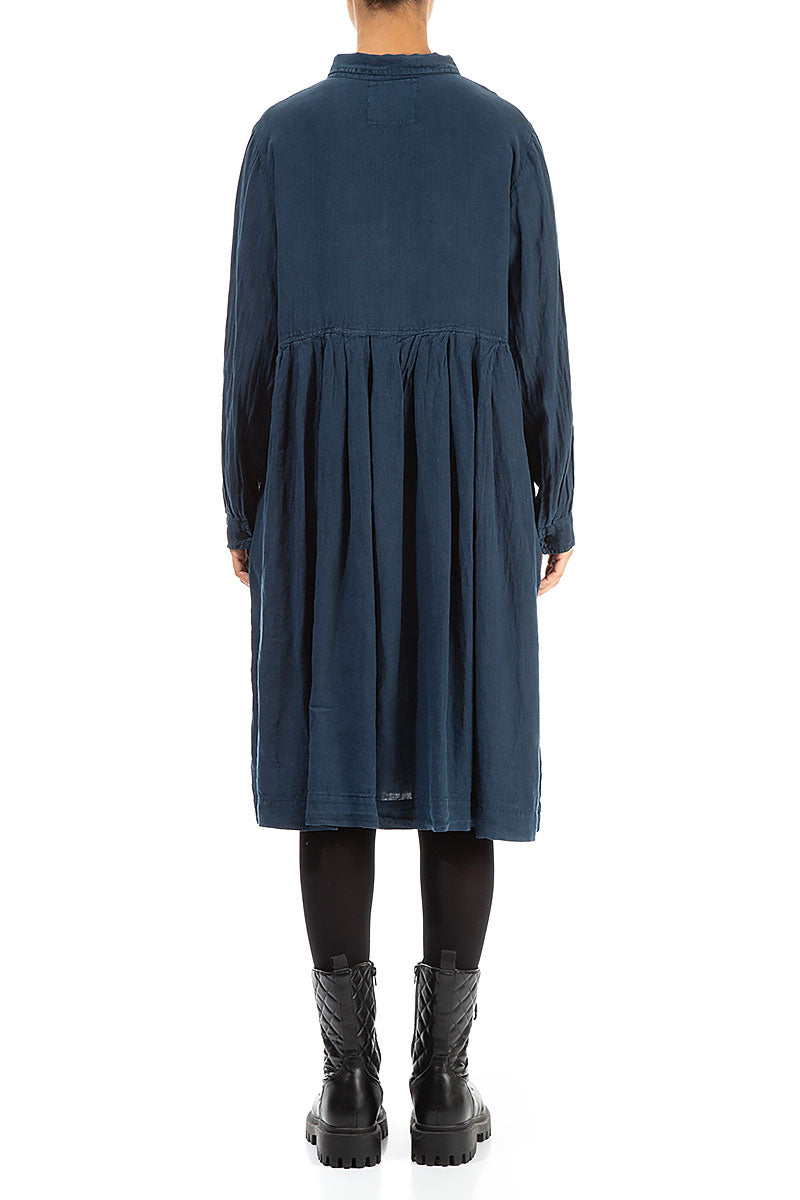 Collar Neck Flared Navy Linen Dress