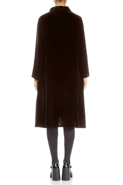 Collar Neck Forest Brown Silk Velvet Dress