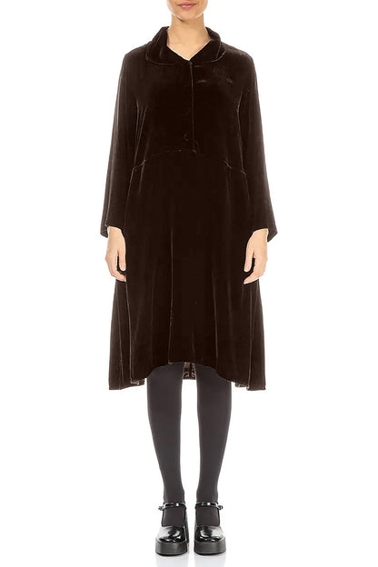 Collar Neck Forest Brown Silk Velvet Dress
