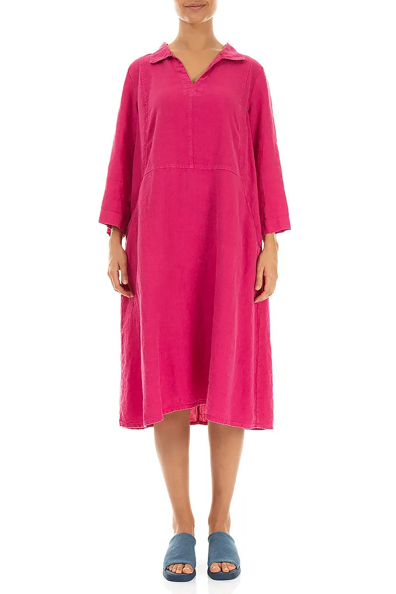 Collar Neck Fuchsia Linen Dress