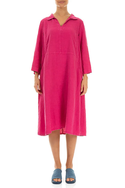 Collar Neck Fuchsia Linen Dress