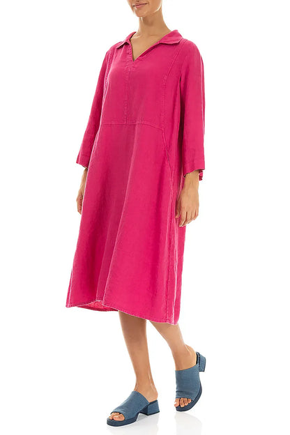 Collar Neck Fuchsia Linen Dress
