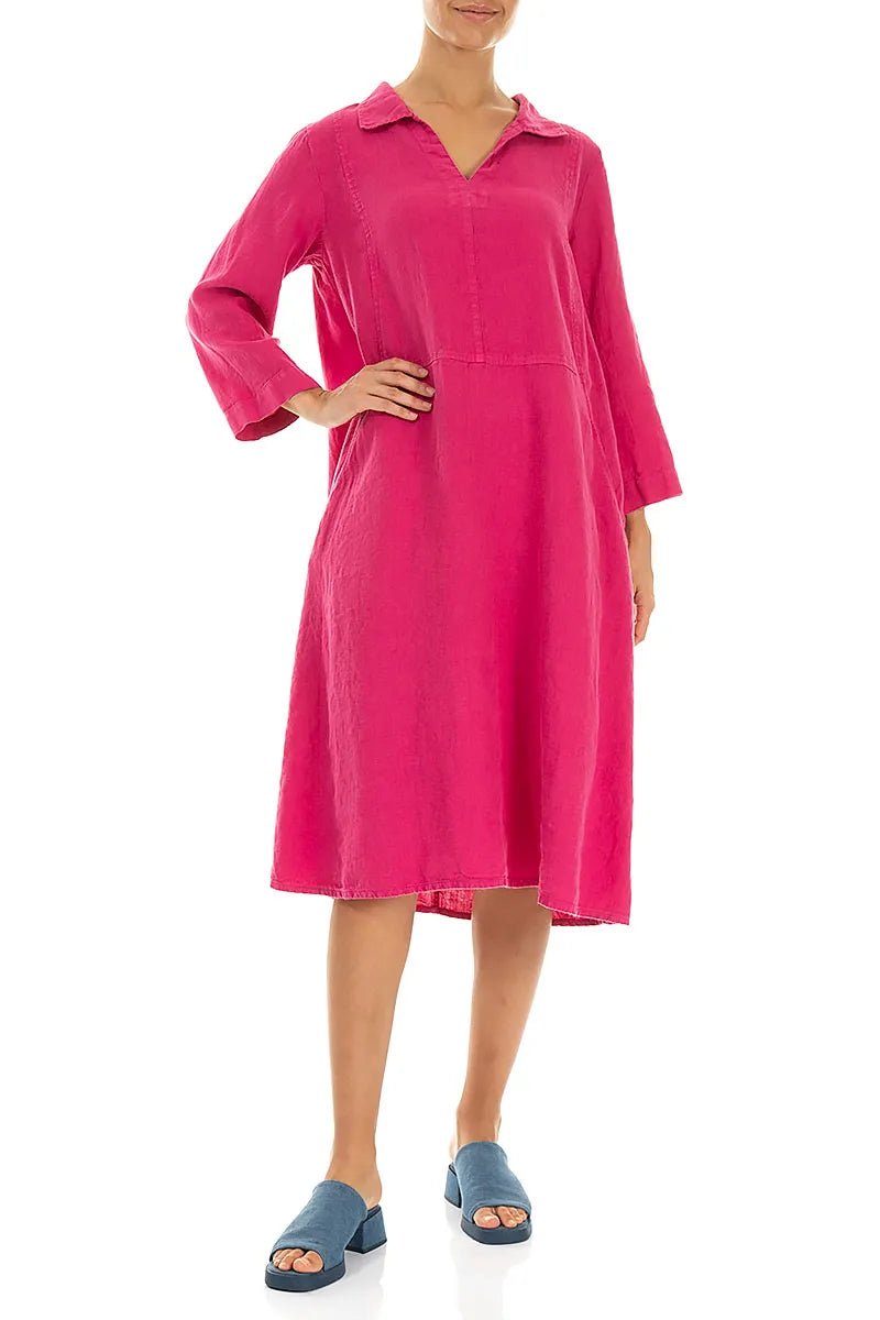 Collar Neck Fuchsia Linen Dress