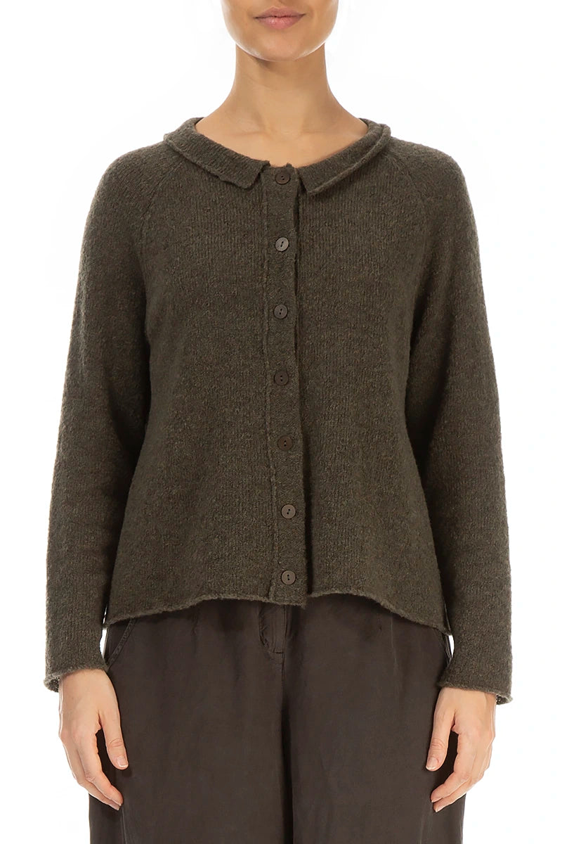 Collar Neck Khaki Wool Cardigan 1
