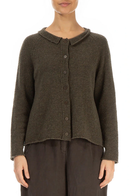 Collar Neck Khaki Wool Cardigan 1