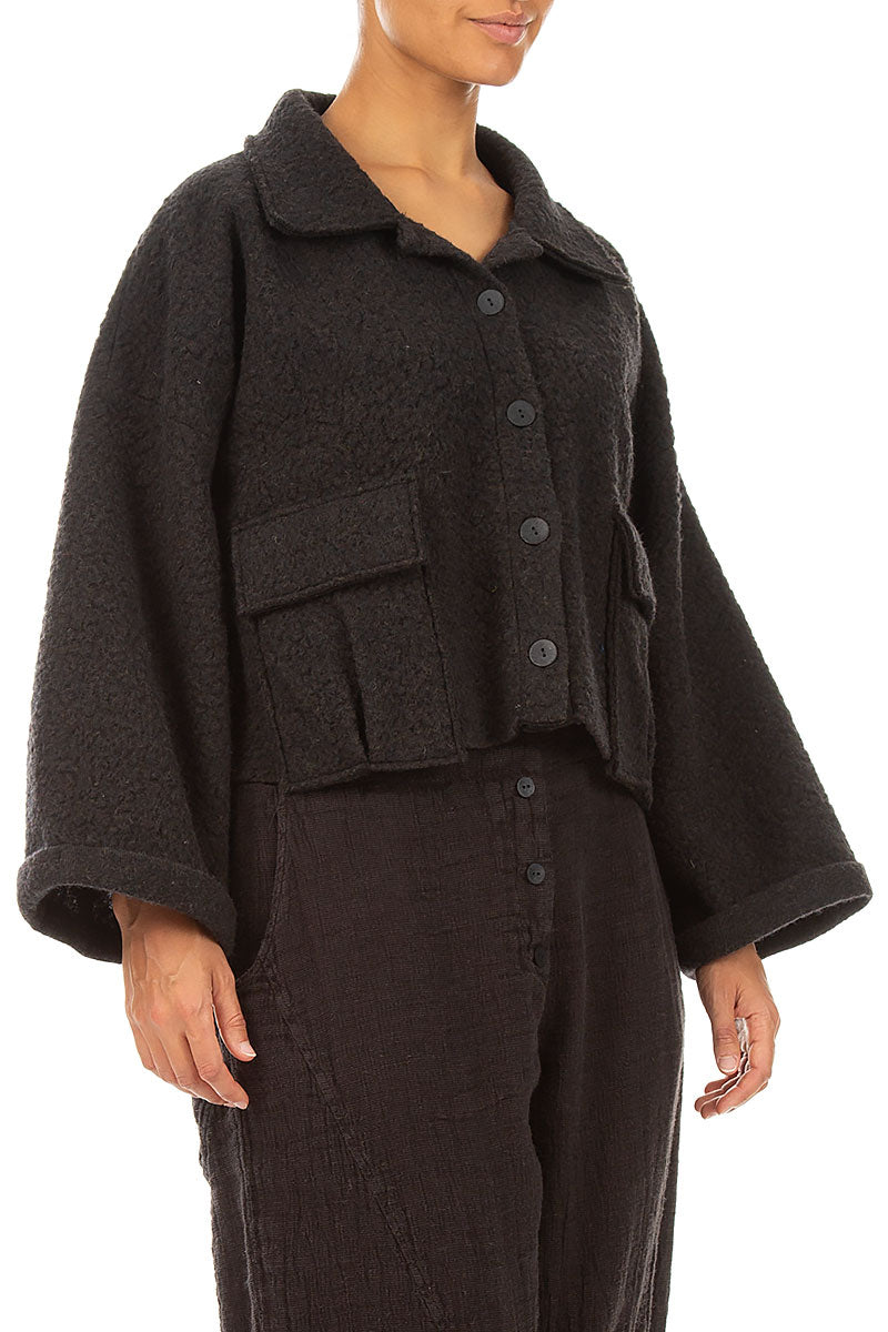Collar Neck Short Charcoal Plush Wool Coat 3