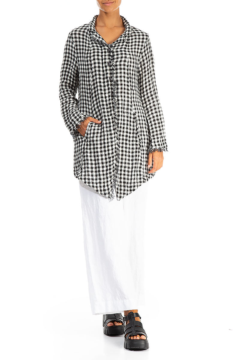 Collar Raw Edge Black &amp; White Check Linen Jacket 4