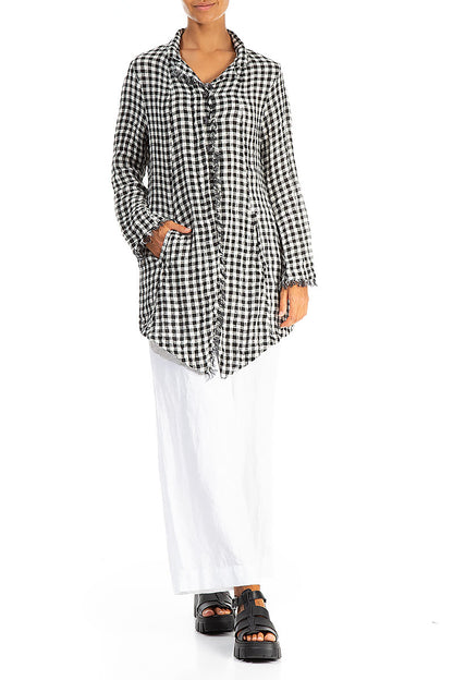 Collar Raw Edge Black &amp; White Check Linen Jacket 4