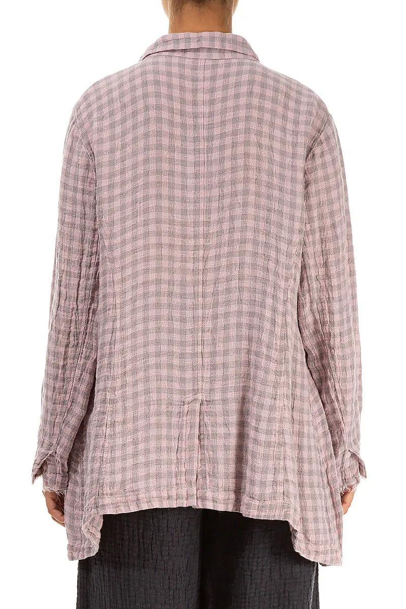 Collar Raw Edge Pink Check Linen Jacket 2