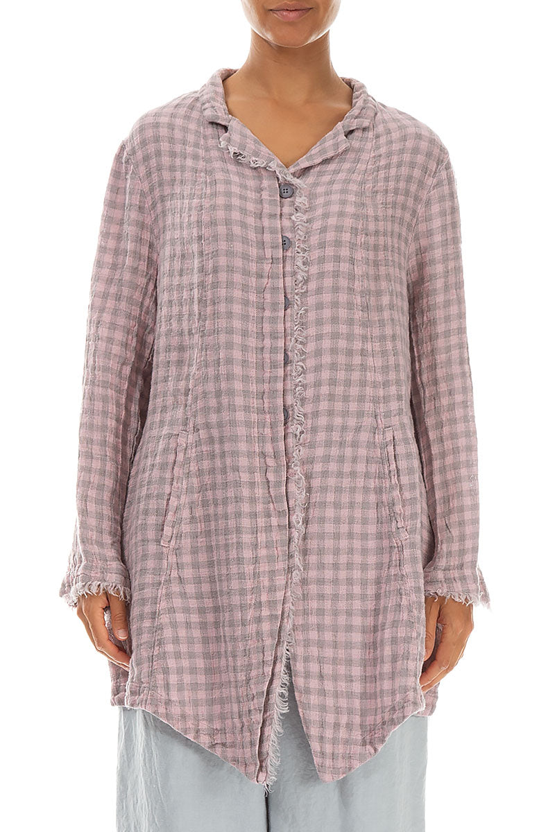 Collar Raw Edge Pink Check Linen Jacket 1
