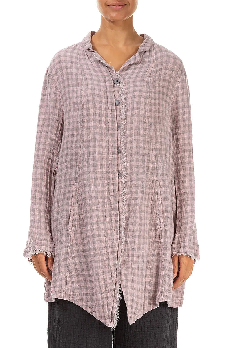 Collar Raw Edge Pink Check Linen Jacket 1