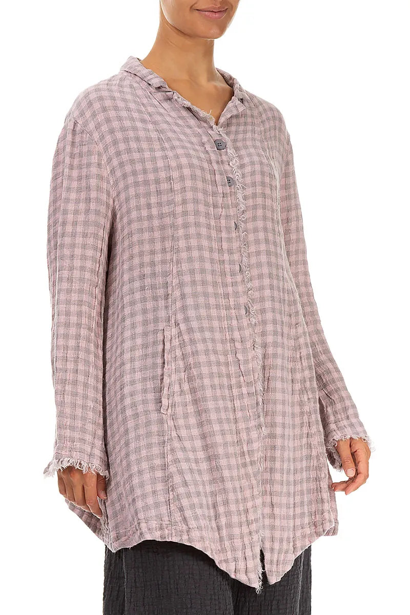 Collar Raw Edge Pink Check Linen Jacket 3
