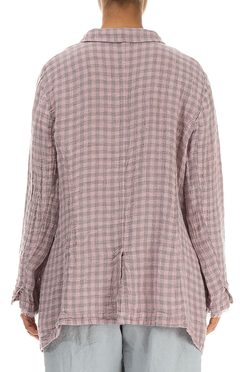 Collar Raw Edge Pink Check Linen Jacket 2