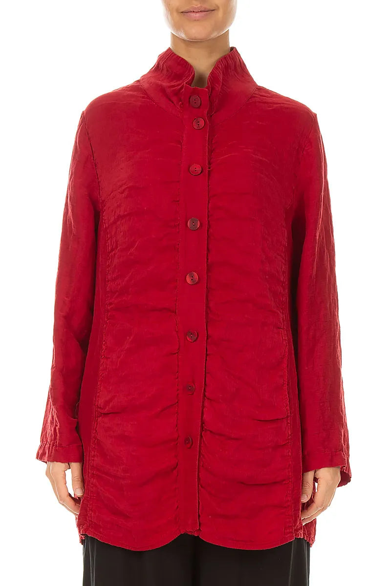 Collar Textured Cherry Red Silk Linen Jacket 1