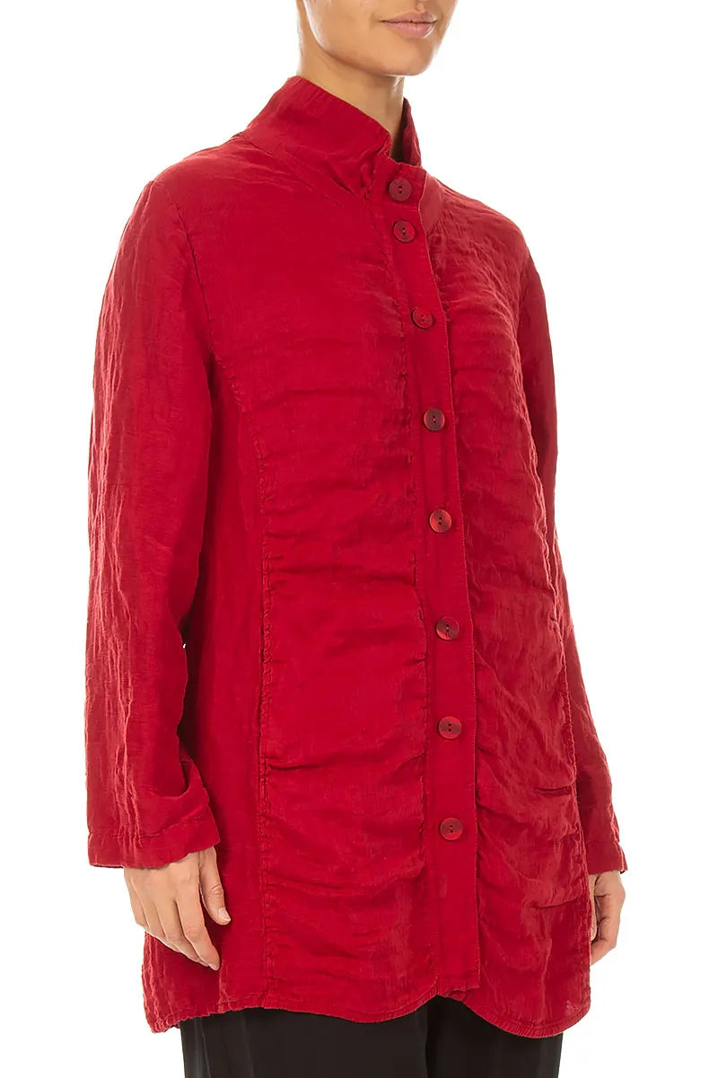 Collar Textured Cherry Red Silk Linen Jacket 3