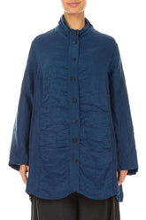 Collar Textured Royal Blue Silk Linen Jacket 1