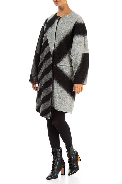 Asymmetric Striped Wool Coat