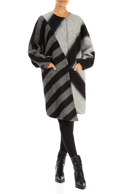 Asymmetric Striped Wool Coat