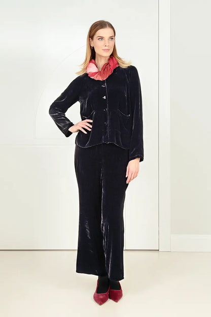 Minimal Button Slate Blue Silk Velvet Jacket 1