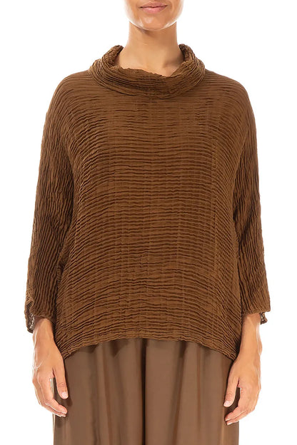 Cowl Neck Aged Copper Plissé Silk Blouse 1