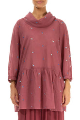 Cowl Neck Antique Ruby Embroidered Petals Cotton Tunic 1