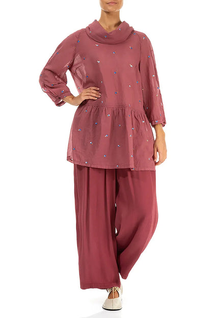 Cowl Neck Antique Ruby Embroidered Petals Cotton Tunic 4