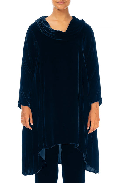 Cowl Neck Asymmetric Azure Silk Velvet Tunic