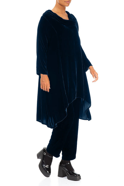 Cowl Neck Asymmetric Azure Silk Velvet Tunic