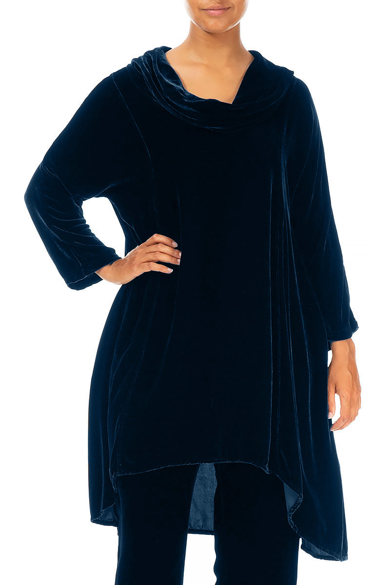 Cowl Neck Asymmetric Azure Silk Velvet Tunic